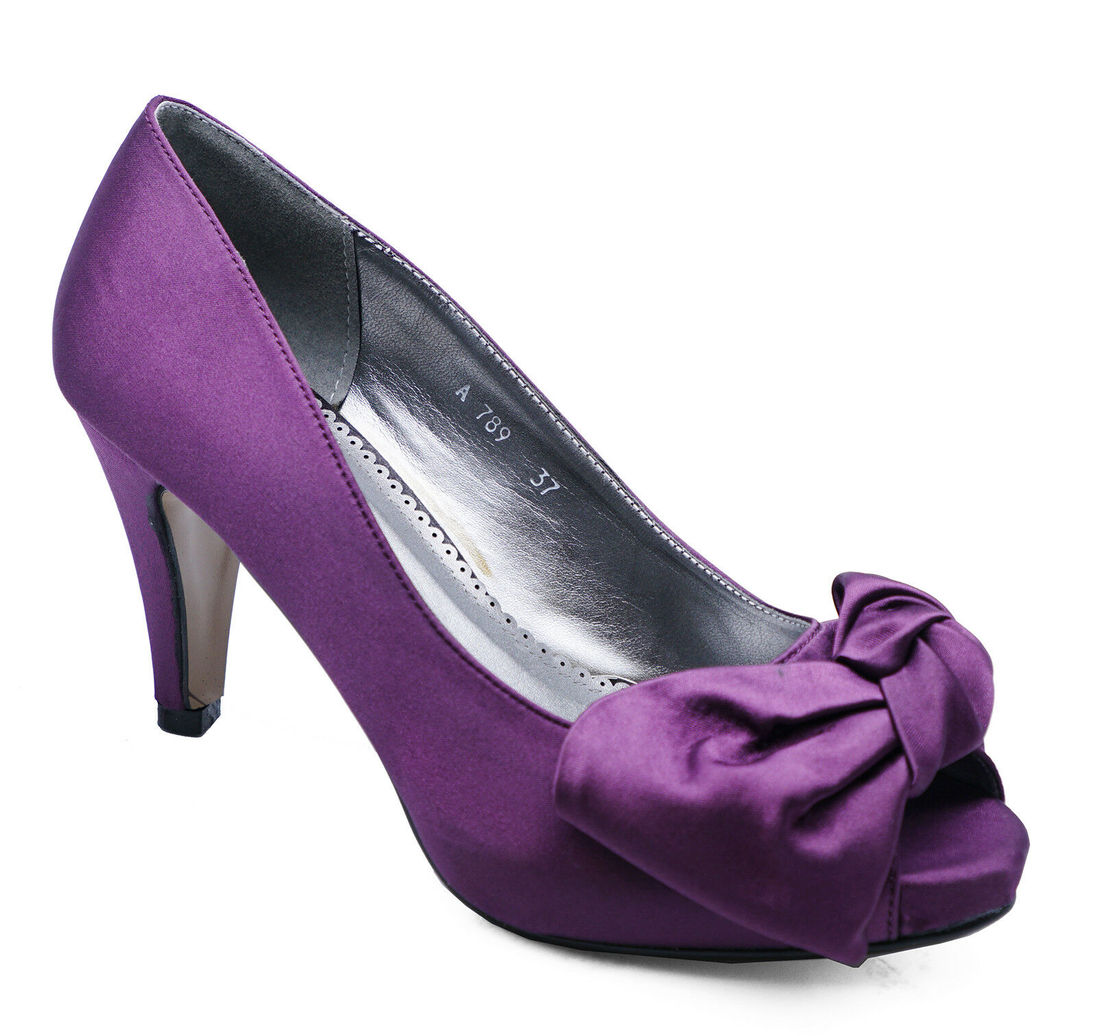 LADIES PURPLE SLIP-ON SATIN PEEP-TOE PARTY BOW EVENING PROM COURT SHOES SIZE 3-8