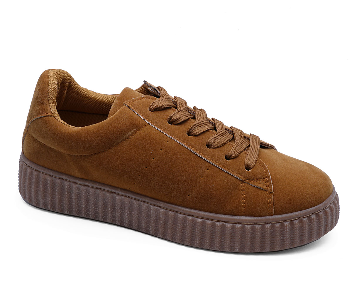 LADIES FLAT TAN LACE-UP TRAINERS COMFY 
