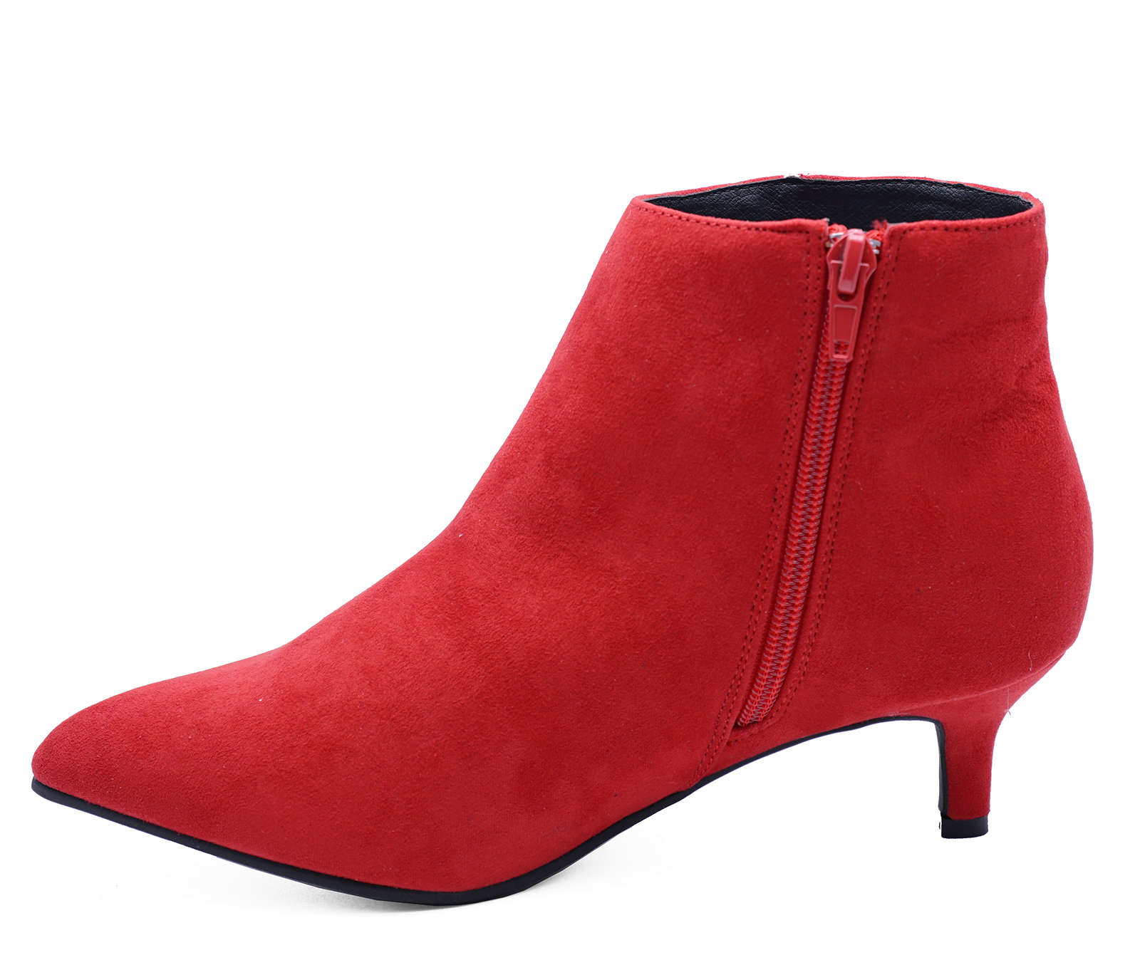 LADIES RED ZIP-UP KITTEN LOW HEEL FAUX-SUEDE ANKLE BOOTS WORK SHOES