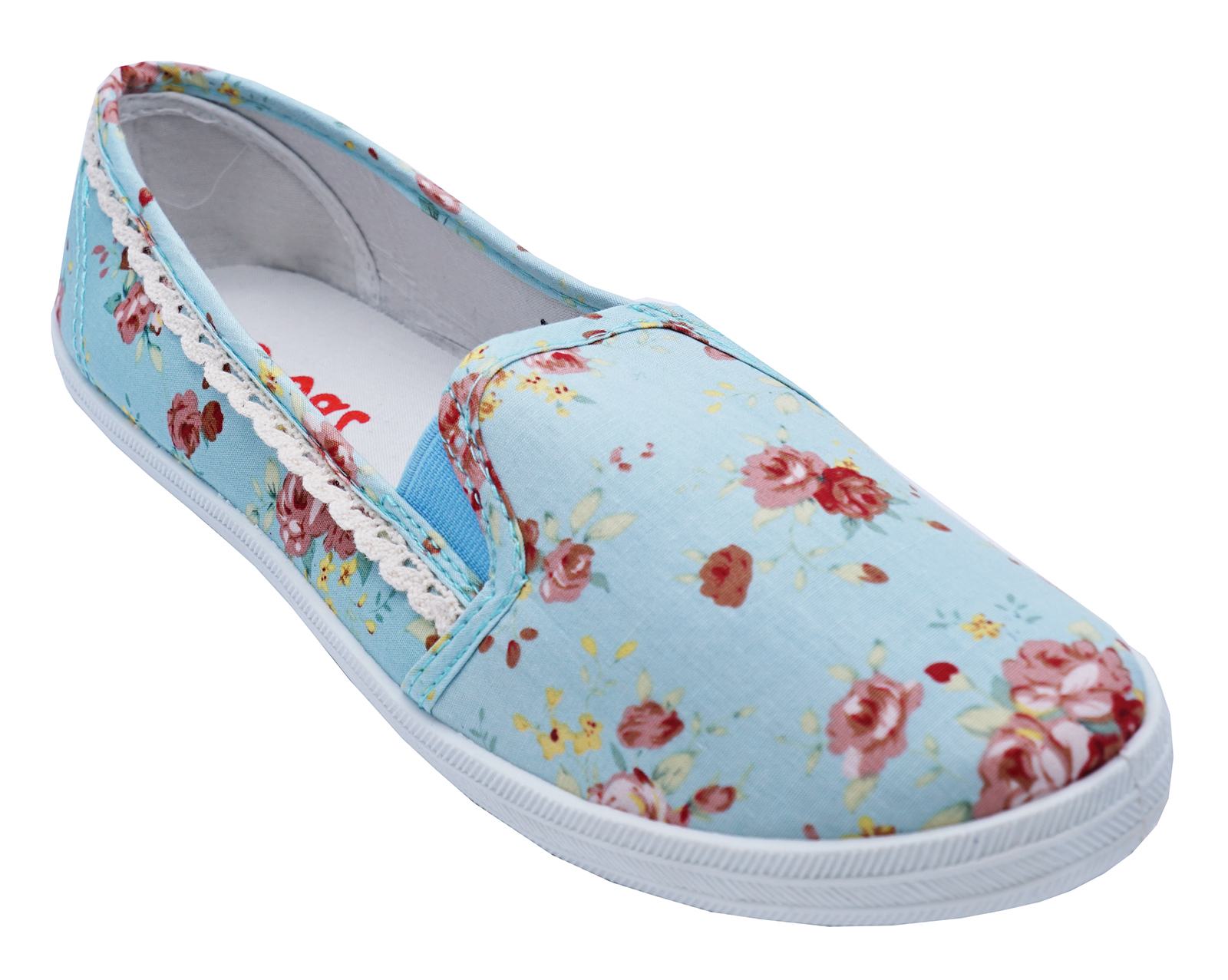 LADIES BLUE FLORAL SLIPON CANVAS FLAT SLIPON PLIMSOLL