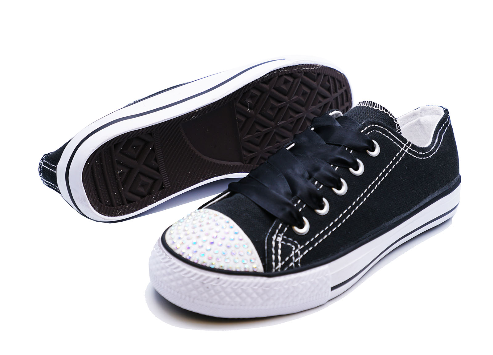 GIRLS KIDS CHILDRENS BLACK CANVAS DIAMANTE LACEUP