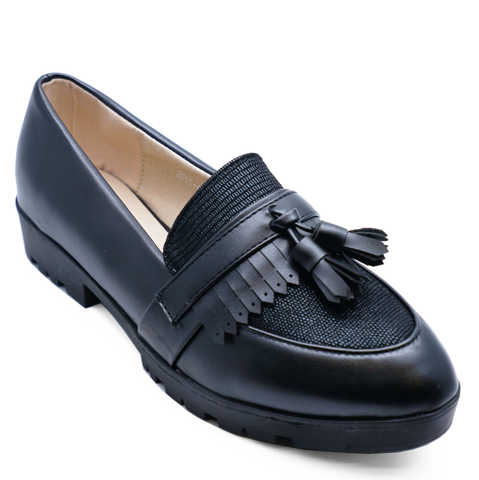 LADIES BLACK TASSLE LOAFERS SLIP-ON CLEATED FLAT SMART COMFY WORK SHOES ...