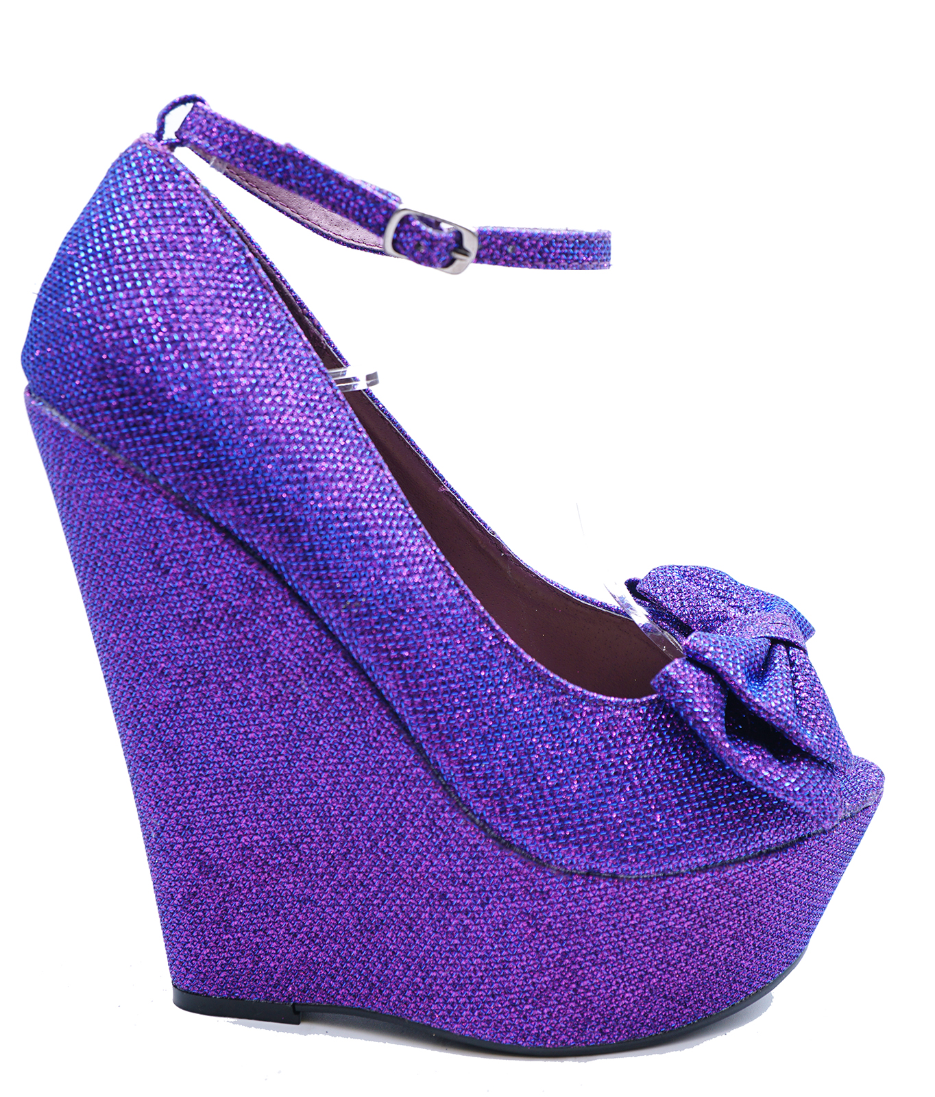 LADIES PURPLE GLITTER BOW SLIPON WEDGE HIGH HEEL PLATFORM