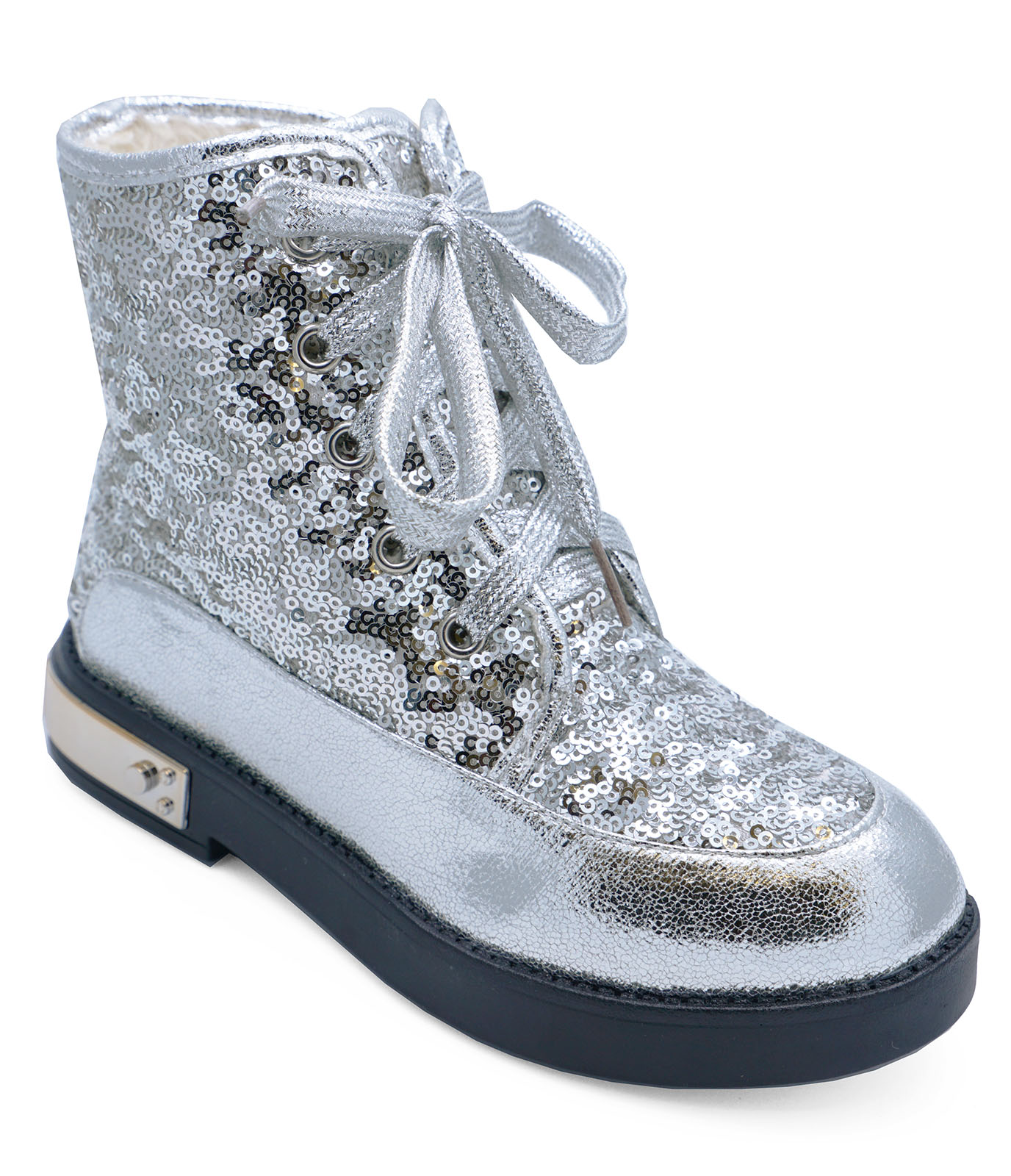 GIRLS KIDS CHILDRENS SILVER SEQUIN LACE-UP BOVVER RETRO ANKLE BOOTS ...