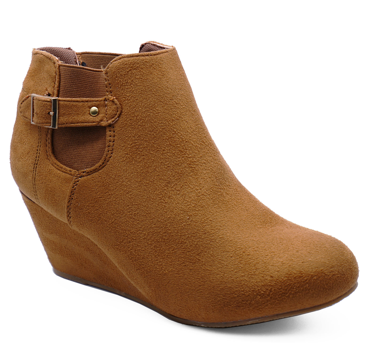 LADIES TAN LOW-WEDGE PULL-ON CHELSEA ANKLE BOOTS COMFY CASUAL SHOES ...