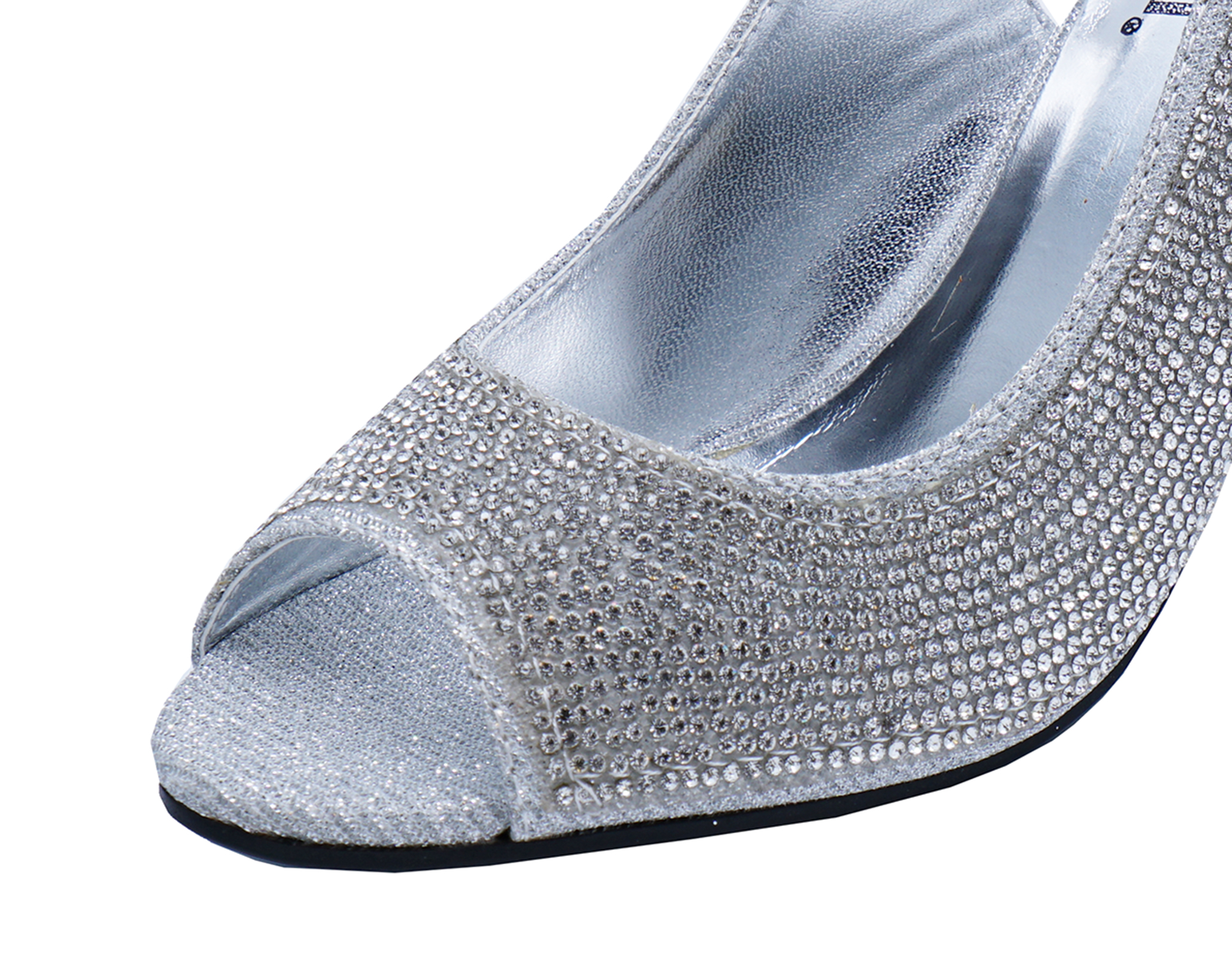 WOMENS SILVER PEEP-TOE SLINGBACK DIAMANTE WEDDING BRIDESMAID EVENING