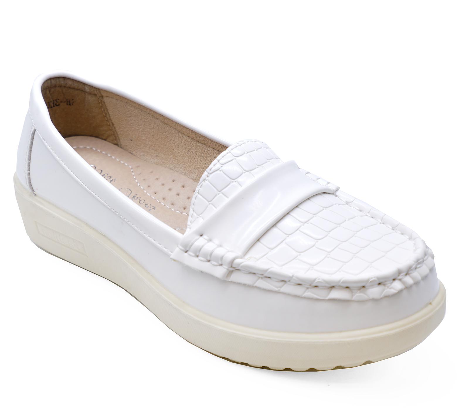 LADIES WHITE SLIP-ON LOAFERS MOCCASIN 