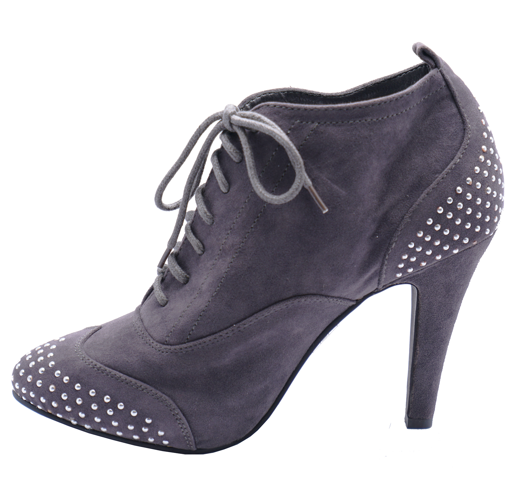 LADIES GREY LACE-UP DIAMANTE HIGH-HEEL BROGUE ANKLE BOOTS SHOES SIZES 3-8
