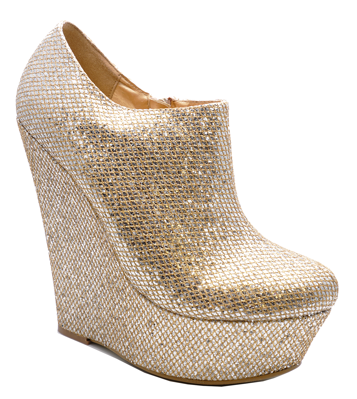 WOMENS GOLD GLITTER ZIPUP WEDGE PLATFORM ANKLE CHELSEA