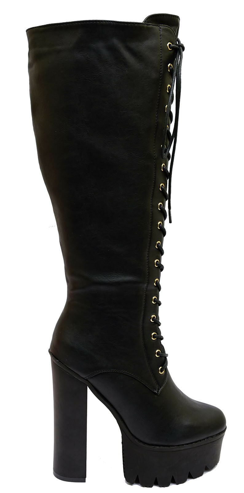 LADIES BLACK KNEE-HIGH ZIP-UP CHUNKY EXOTIC PLATFORM TALL BOOTS SHOES SIZES 4-9 | eBay