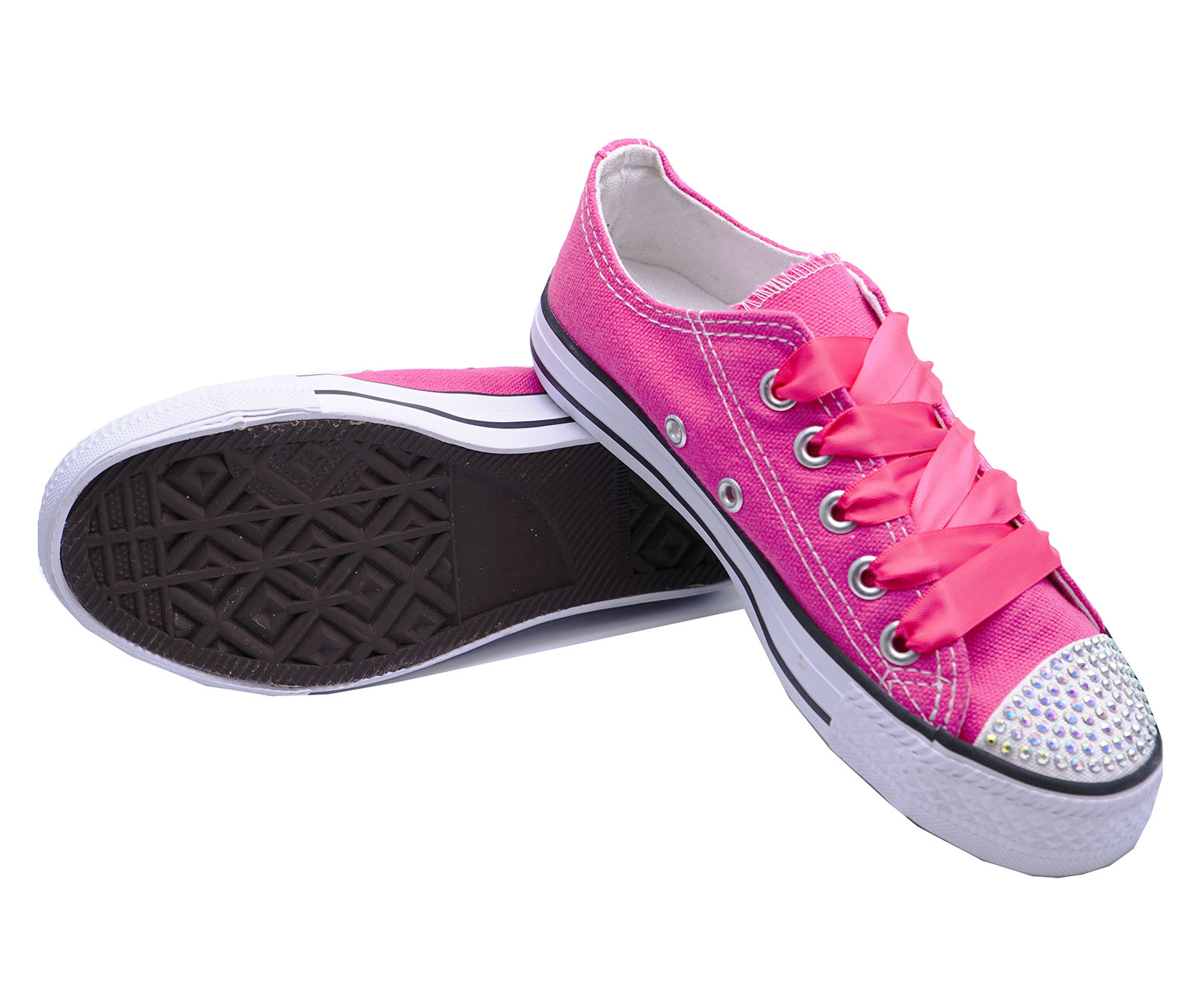 GIRLS KIDS CHILDRENS PINK CANVAS DIAMANTE LACEUP PLIMSOLL