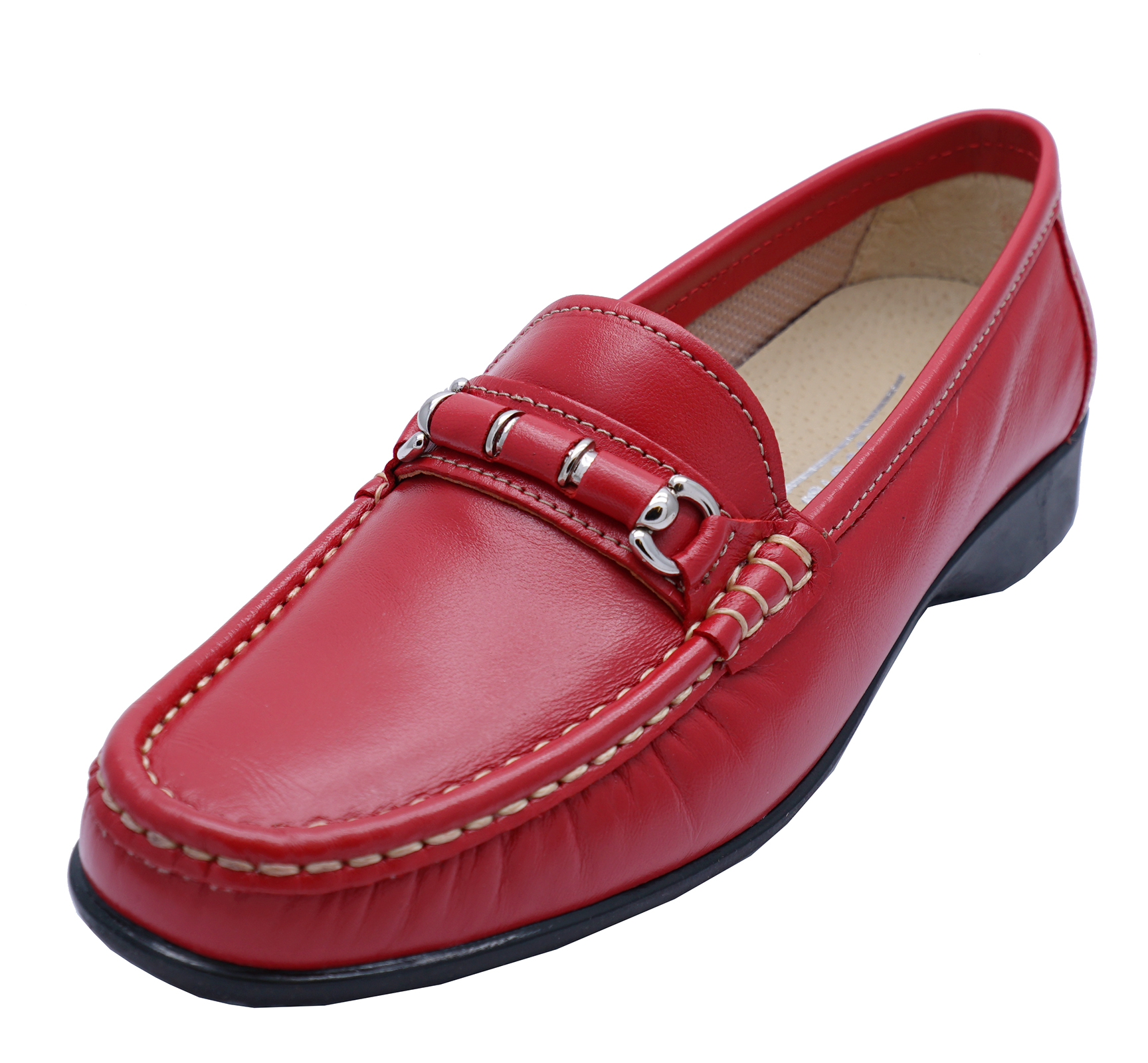 WOMENS RED GENUINE LEATHER COTSWOLD COMFORT LOAFERS SLIP-ON CASUAL ...