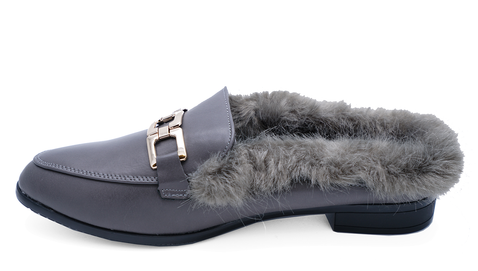 WOMENS FLAT GREY FUR LINED SLIP-ON SMART MULES LOAFERS SLIDERS SHOES SIZES 3-8