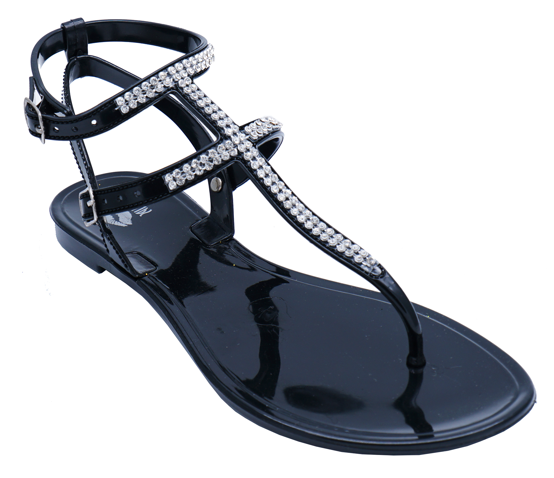 LADIES BLACK TBAR FLAT DIAMANTE FLIPFLOP GLADIATOR JELLY