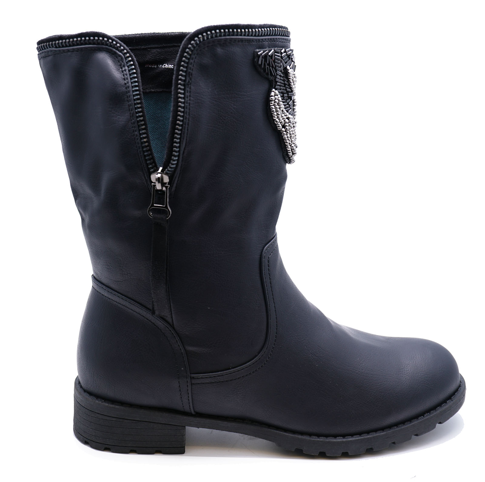 LADIES BLACK SLOUCH ANKLE BIKER FLAT COMFY CASUAL ROCK-CHICK BOOTS ...