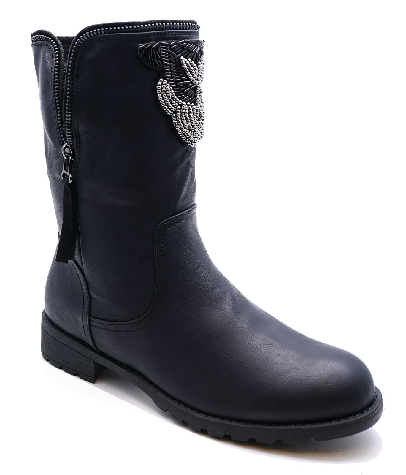 LADIES BLACK SLOUCH ANKLE BIKER FLAT COMFY CASUAL ROCK-CHICK BOOTS ...