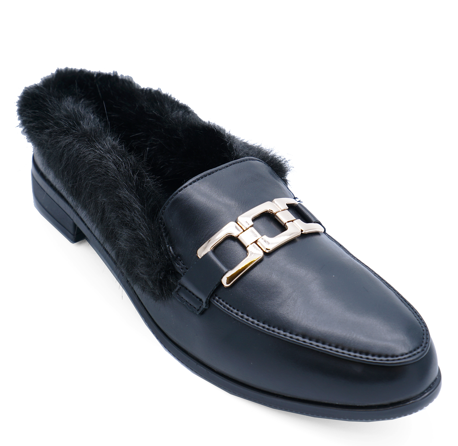 WOMENS FLAT BLACK FUR LINED SLIP-ON SMART MULES LOAFERS SLIDERS SHOES ...