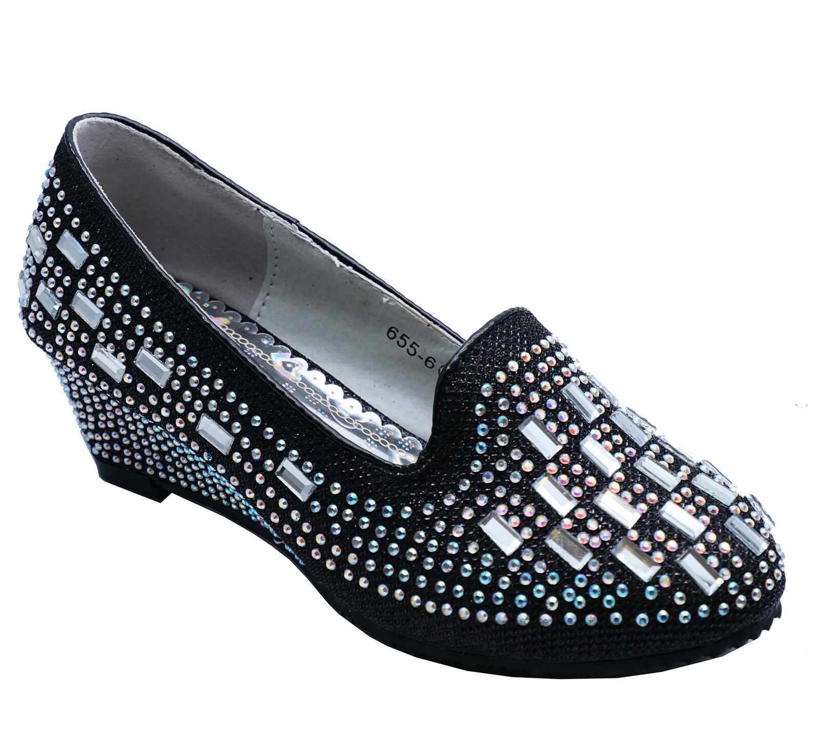 KIDS GIRLS CHILDRENS BLACK DIAMANTE WEDGES WEDDING PARTY