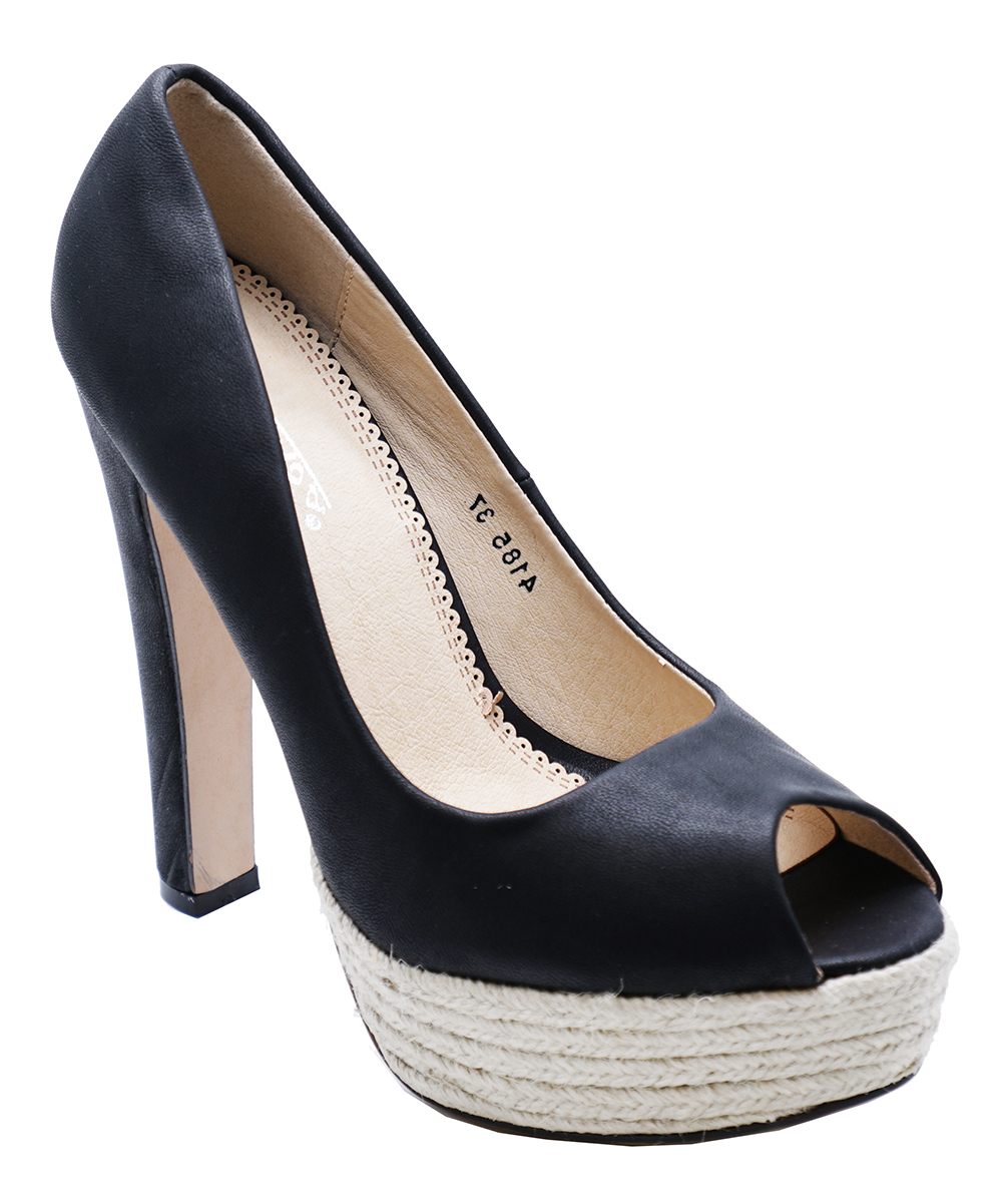 LADIES BLACK SLIPON PEEPTOE COURT HESSIAN PLATFORM SMART