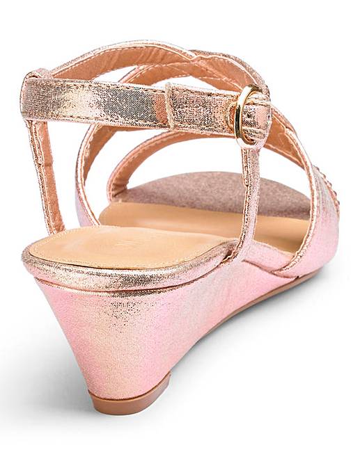 Ladies Rose Gold Wide E Fit Low Heel Comfy Wedge Sandals Peeptoe Shoes