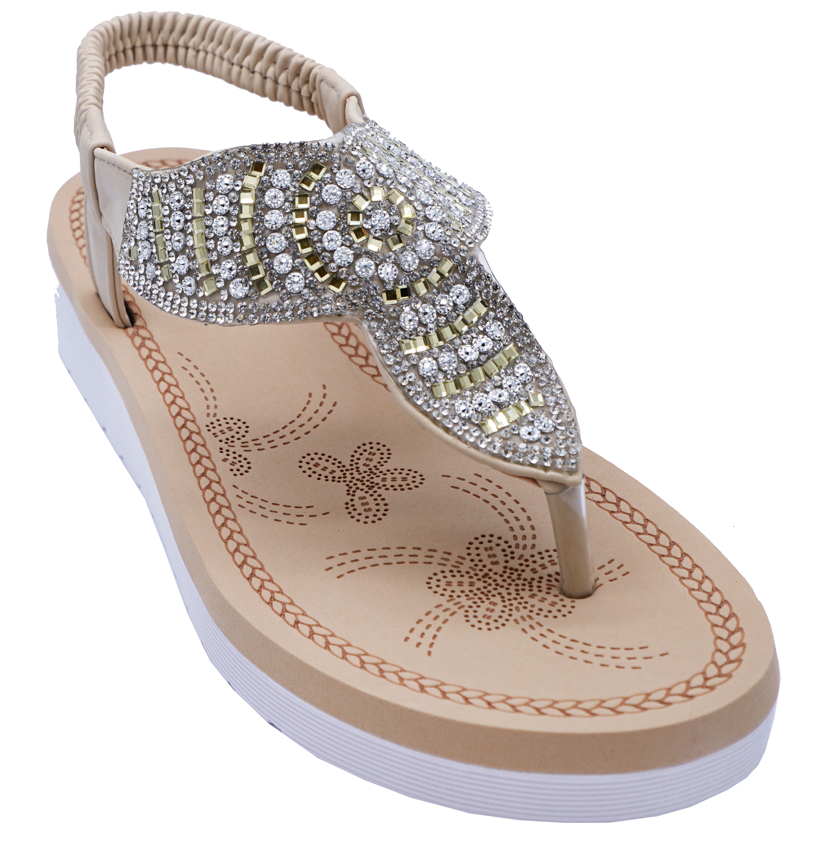 LADIES GOLD DIAMANTE TOE-POST T-BAR LOW-WEDGE COMFY SANDALS FLIP-FLOP SHOES | eBay
