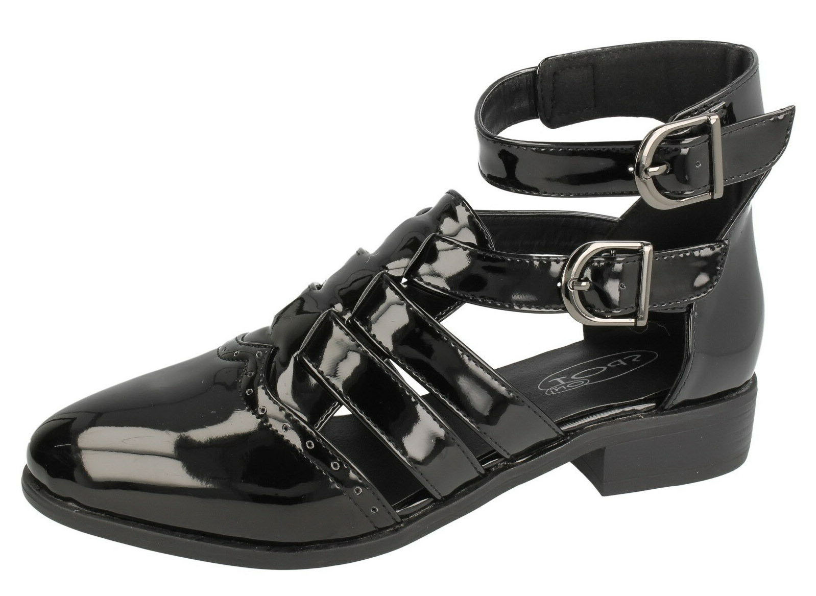 black patent low heel boots