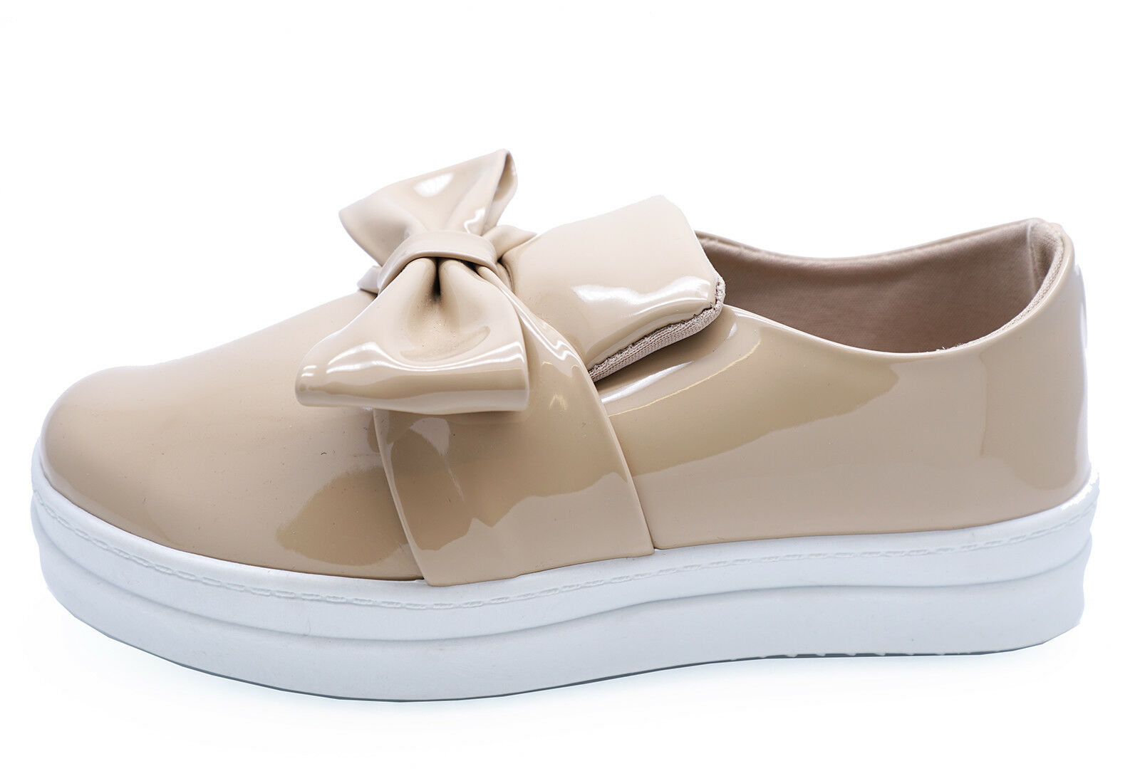 LADIES FLAT BEIGE PATENT SLIP-ON PLATFORM PLIMSOLLS BOW PUMPS COMFY SHOES UK 3-8 | eBay