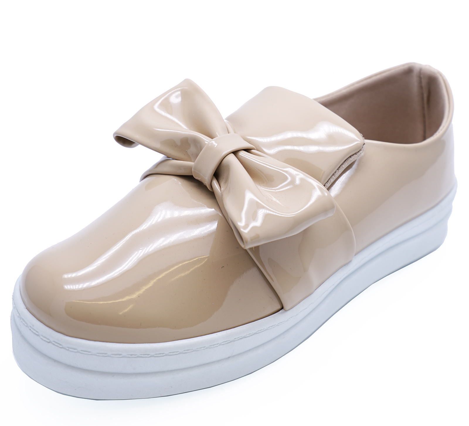 LADIES FLAT BEIGE PATENT SLIP-ON PLATFORM PLIMSOLLS BOW PUMPS COMFY SHOES UK 3-8 | eBay