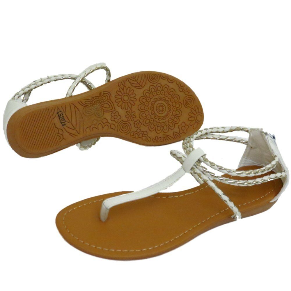 New Ladies Black or White Toe Post Strappy Gladiator Wedge Summer Zip Sandals