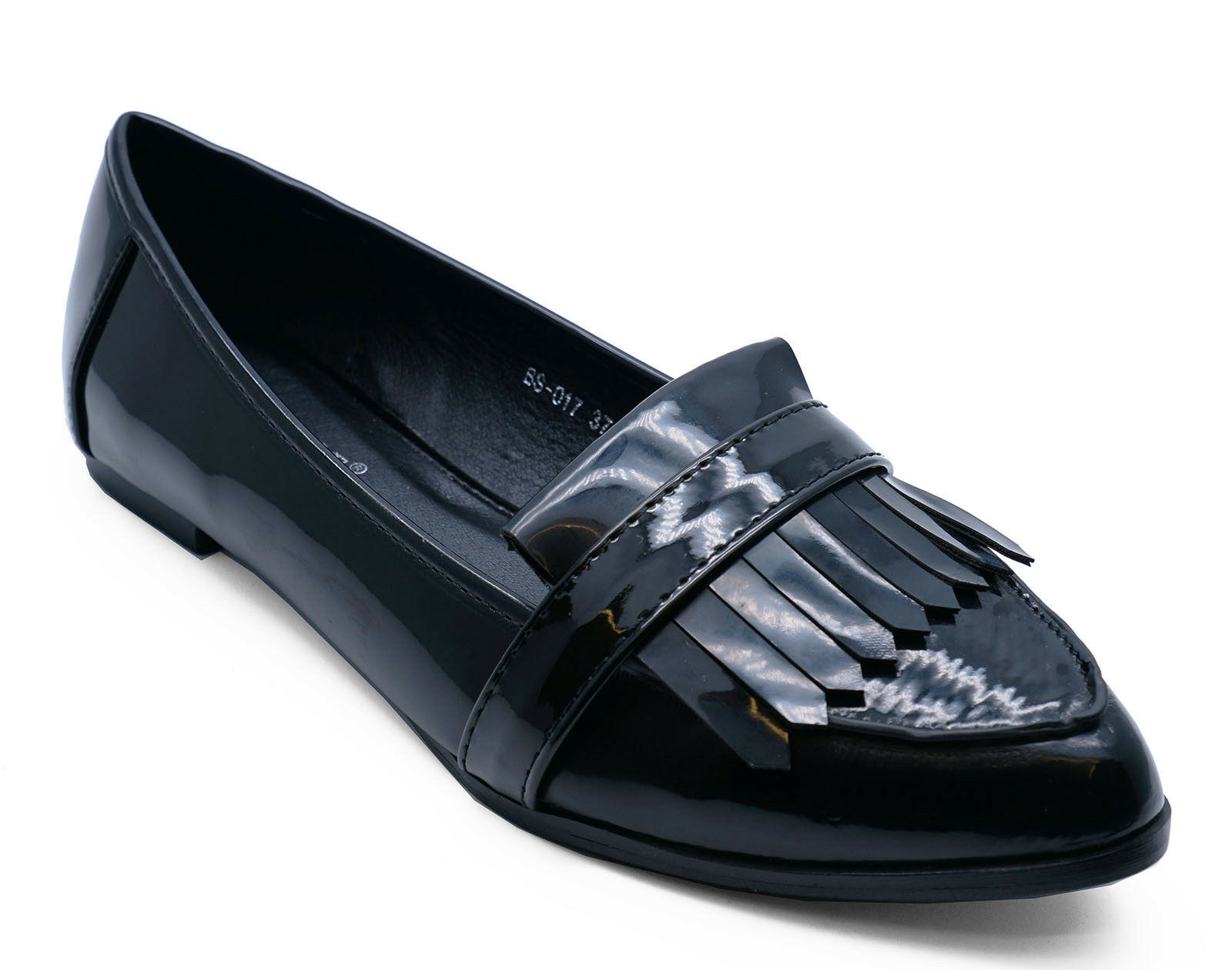 WOMENS BLACK FLAT CASUAL COMFY SMART WORK PATENT FRINGE LOAFERS SIZES UK 3-8