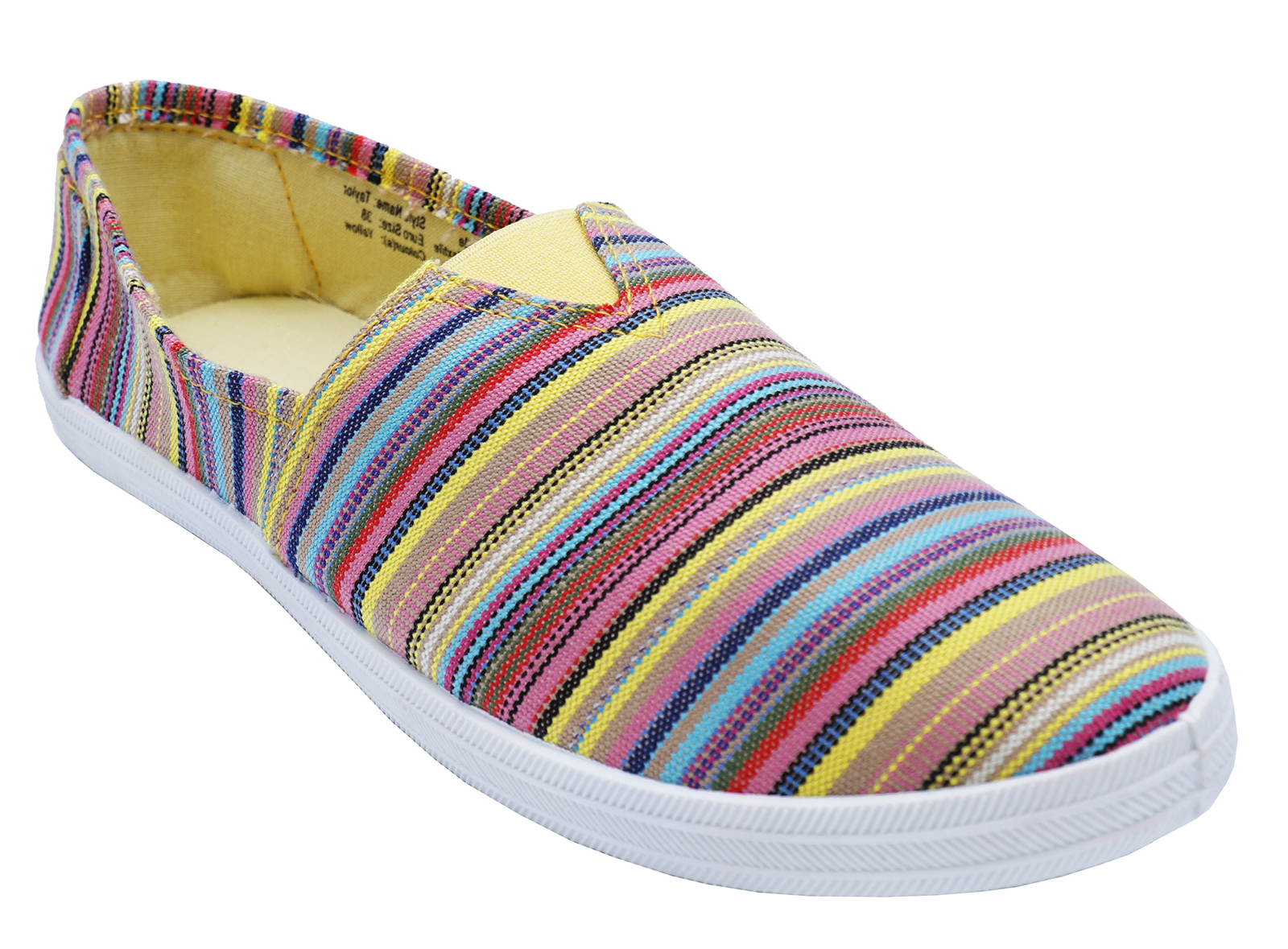 LADIES YELLOW STRIPE CANVAS FLAT SLIPON PLIMSOLL PUMPS