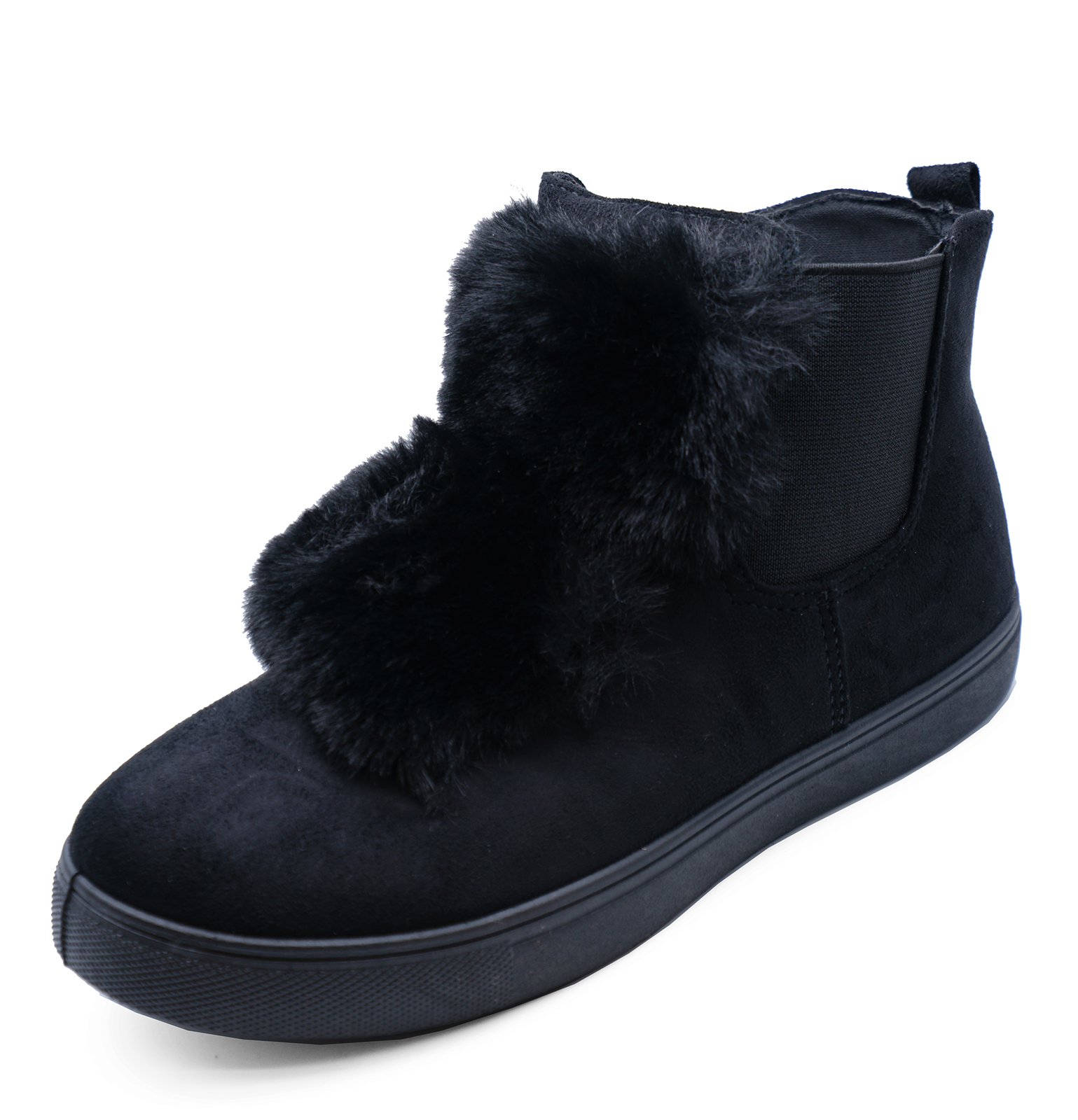 LADIES FLAT BLACK ZIP-UP CHELSEA BIKER ANKLE FUR BOOTS CASUAL COMFY SHOES UK 3-8