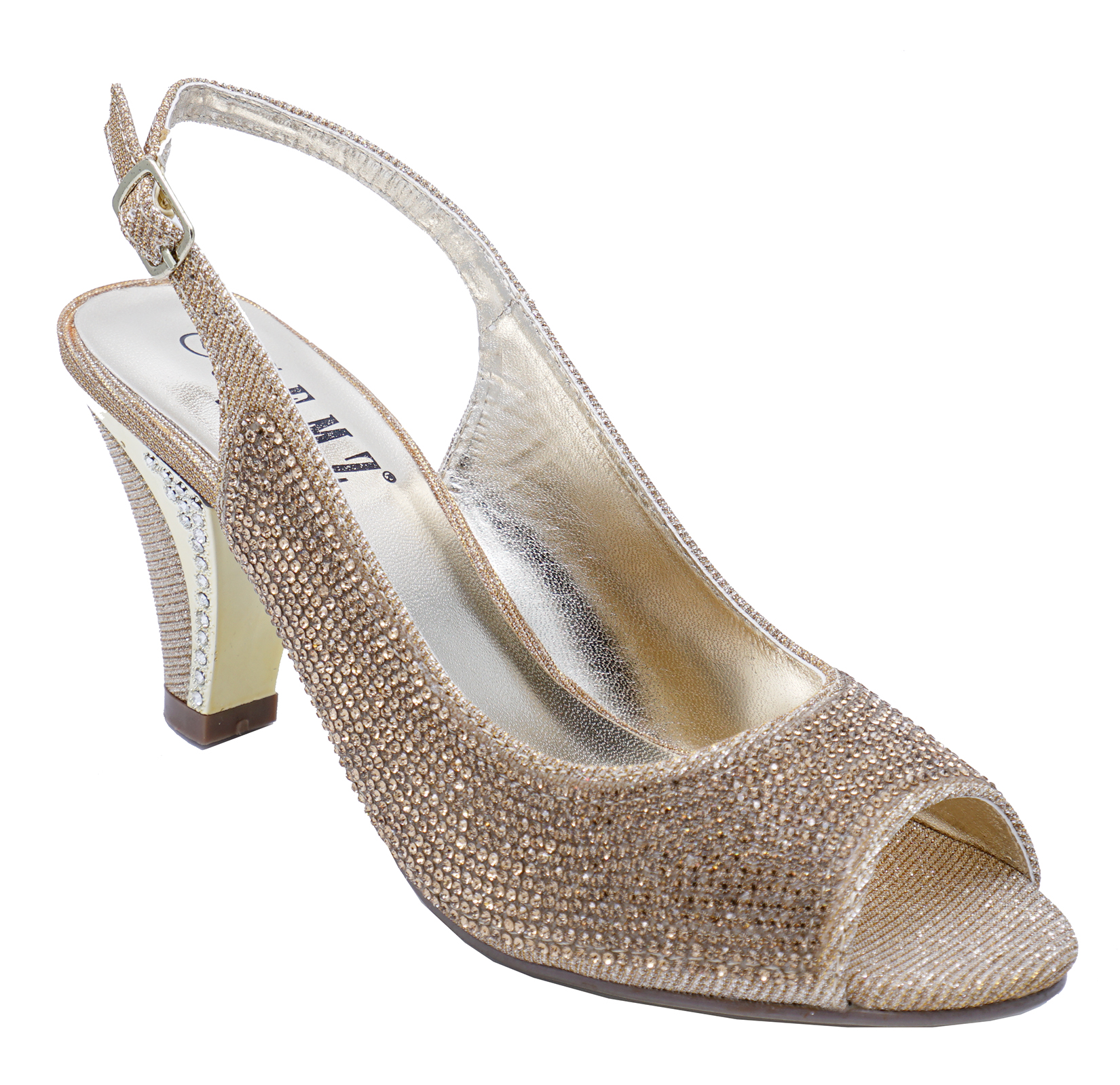 WOMENS GOLD PEEPTOE SLINGBACK DIAMANTE WEDDING BRIDESMAID