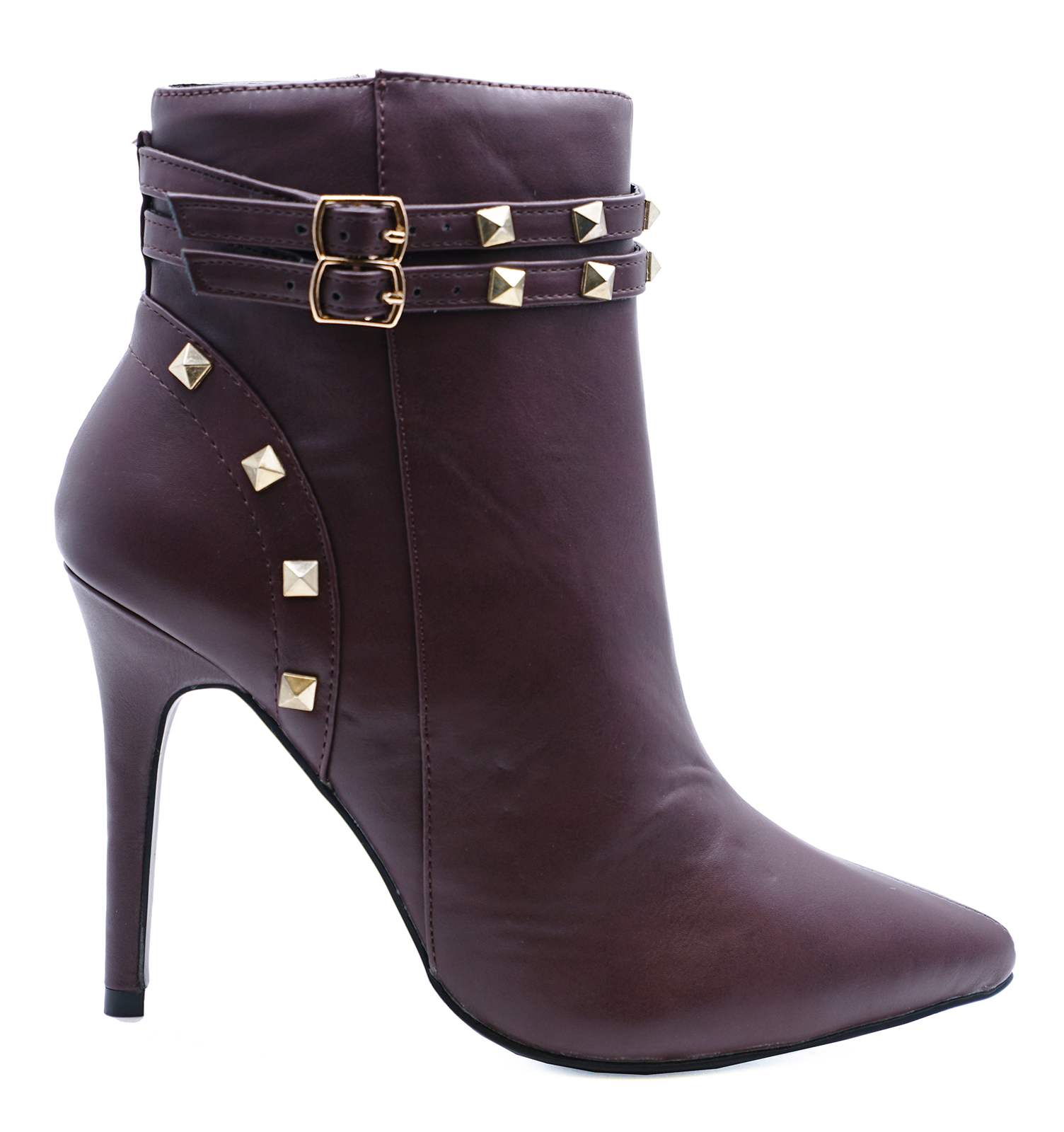 LADIES BURGUNDY STUD ZIP-UP STILETTO ROCK-CHICK ANKLE CALF BOOTS SHOES ...
