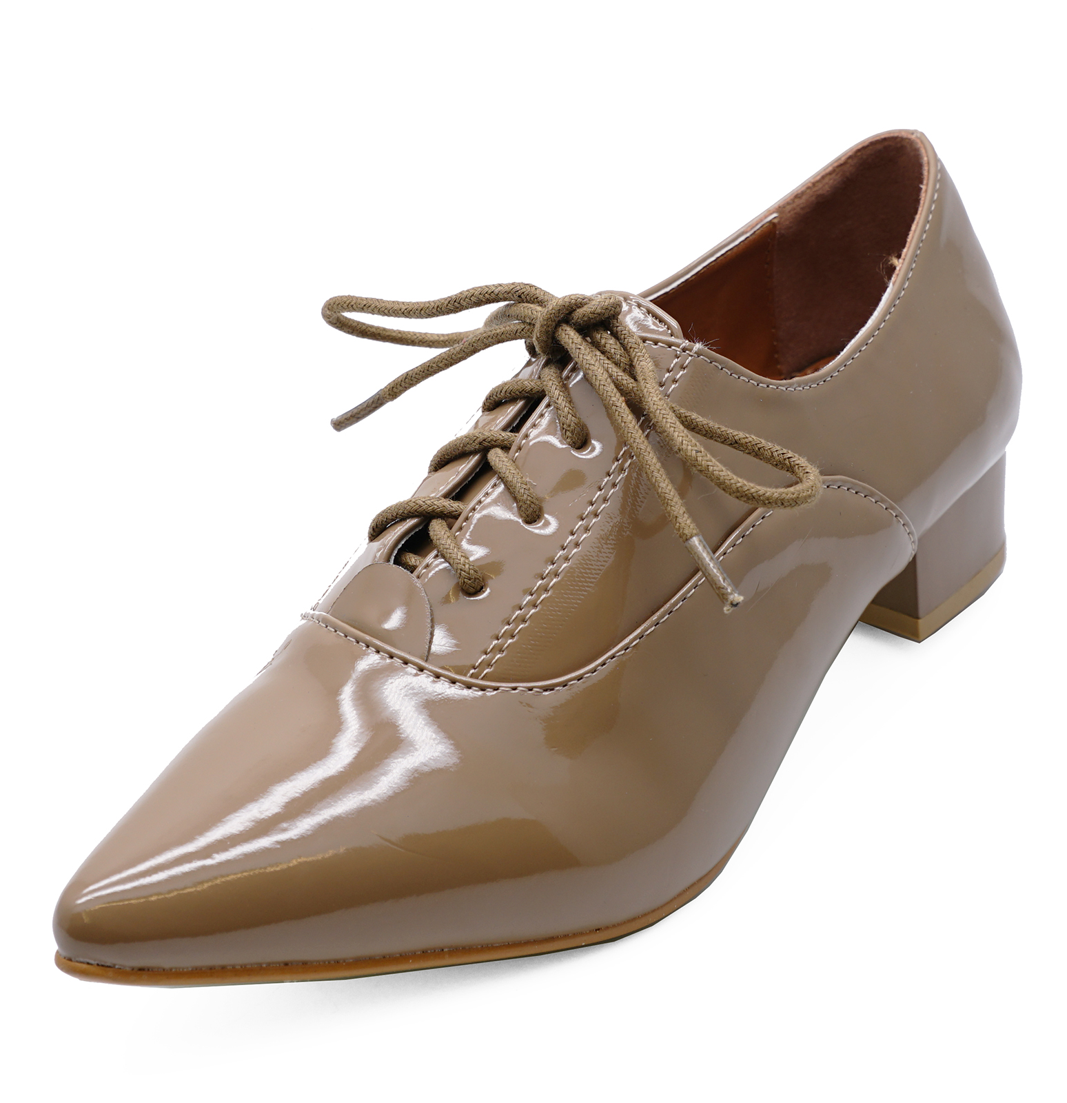 LADIES TAUPE PATENT LACE-UP OXFORD 