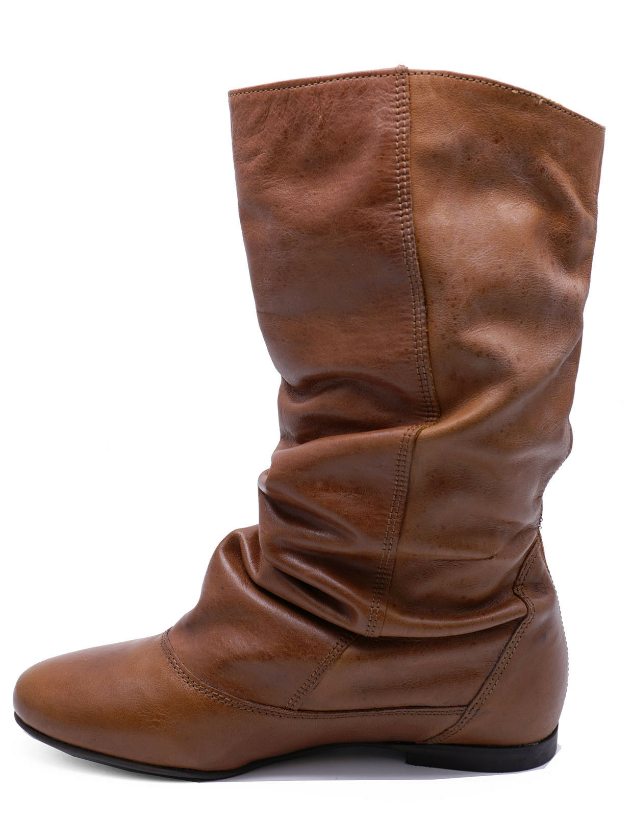 Ladies Real Leather Tan Flat Slouch Comfy Ruched Tall Knee High Calf Boots 3 8 Ebay