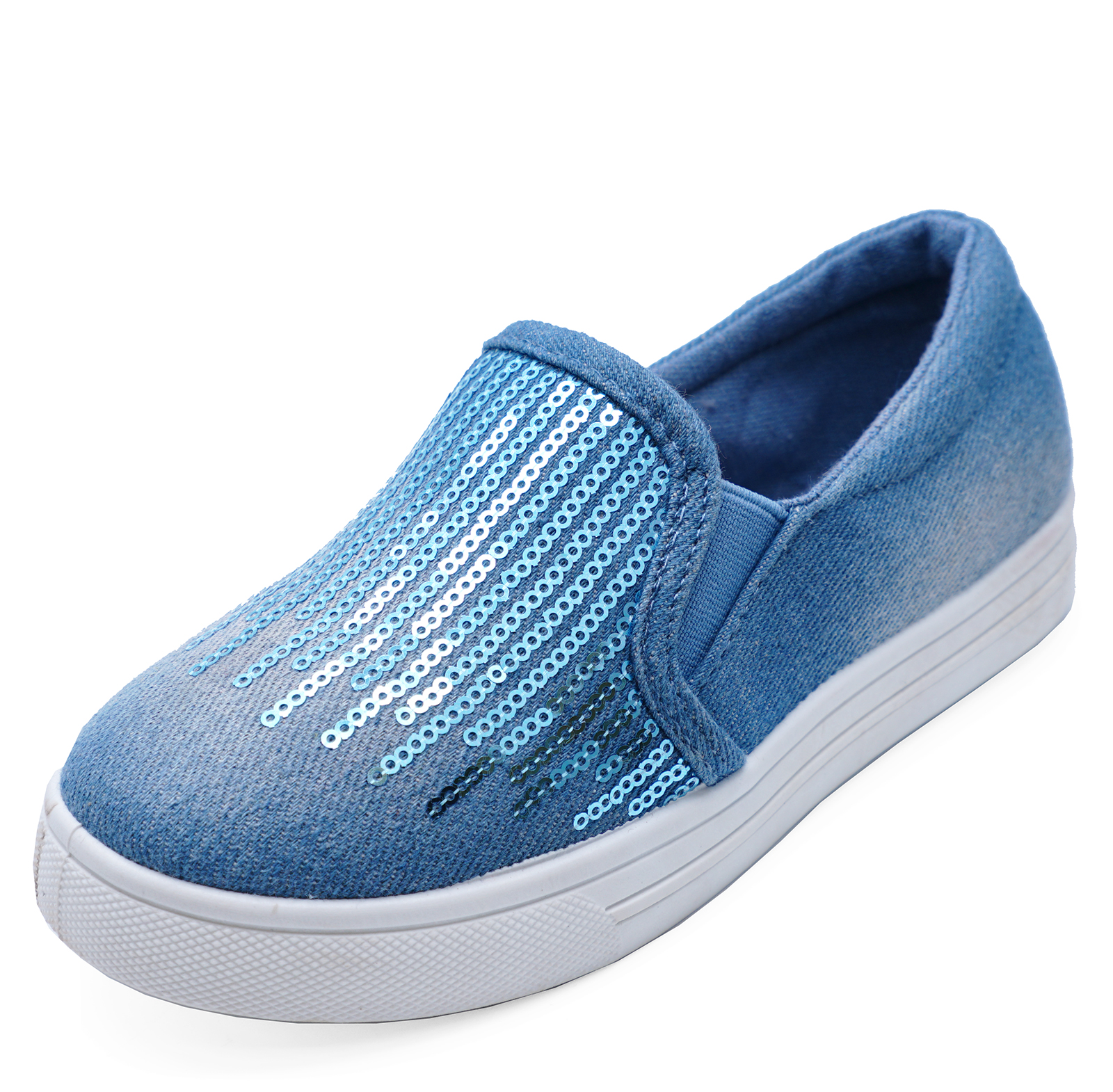 KIDS DARK BLUE DENIM SLIP-ON COMFY PLIMSOLL PUMPS SEQUIN TRAINERS SHOES SIZE 8-1