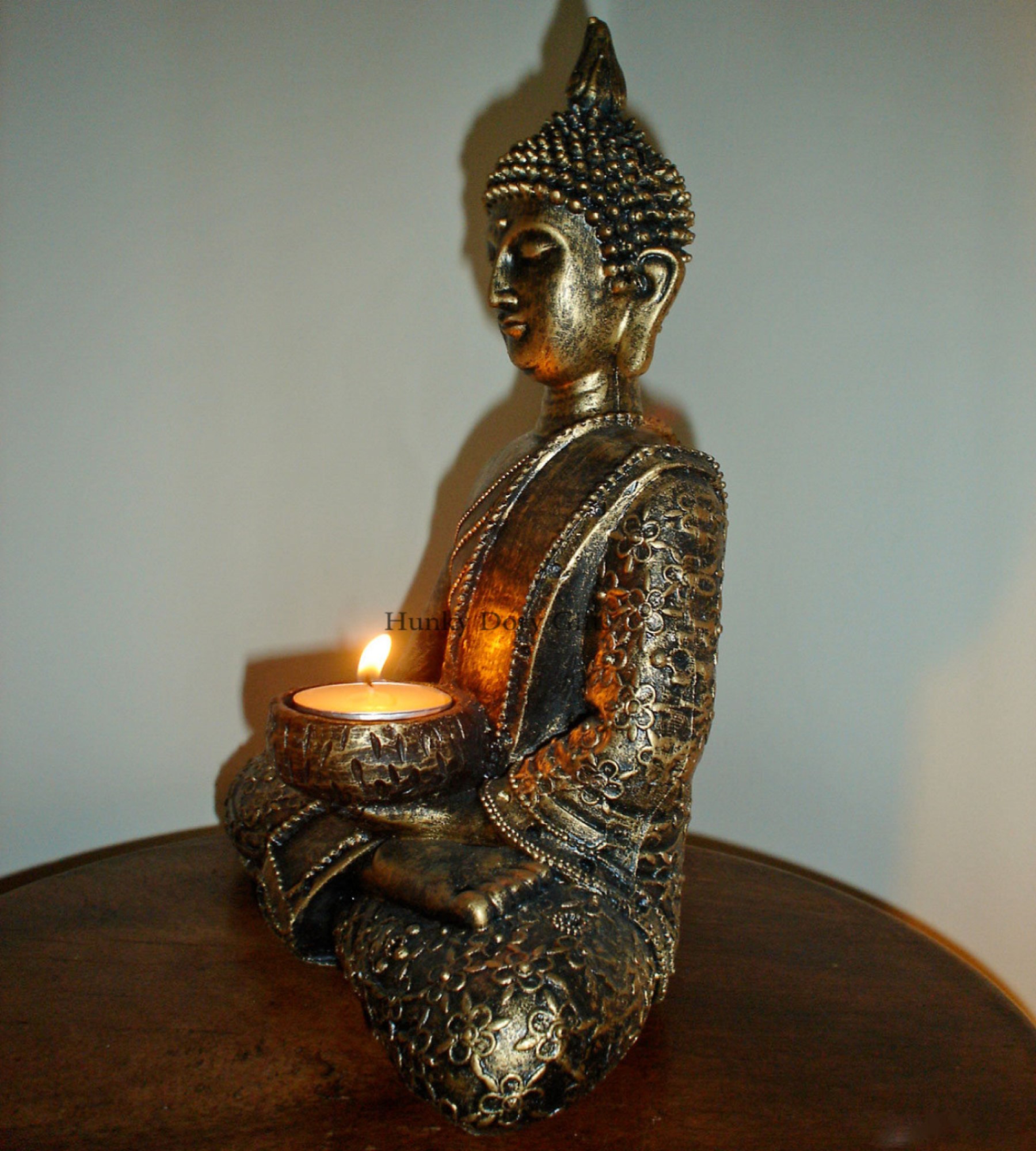 LARGE MEDITATING THAI BUDDHA STATUE TEALIGHT HOLDER BRONZE GOLD COLOUR ...
