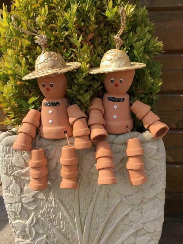 Pair Cheeky Cheerful FLOWER POT MEN With Straw Hat Garden Decorative