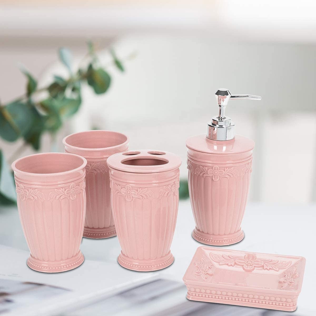 5pc Pink Bathroom Accessories Set Soap Dispenser Toothbrush Holder Dish ...