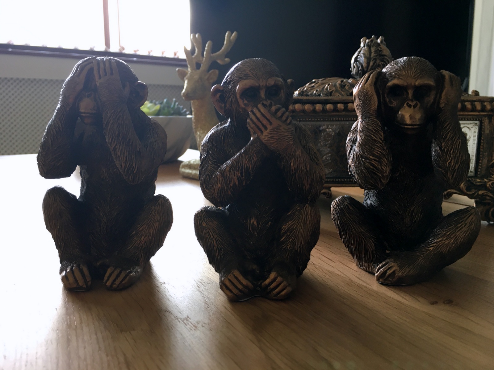 Bronze 3 Wise Monkeys Figurines Statues Chimp See Speak Hear No Evil