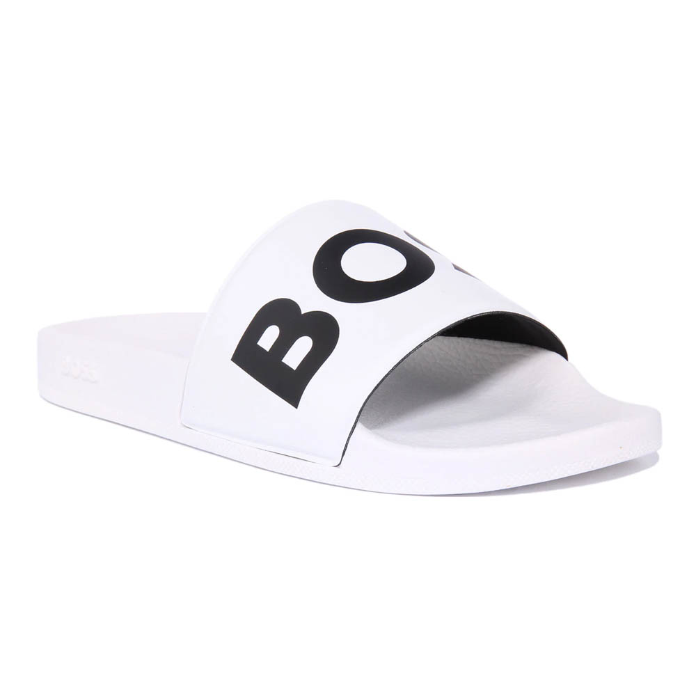 transfusie Bot lokaal Hugo Boss Mens Sliders Sean Logo Branded Rubber Slip On Summer Slides in  White | eBay
