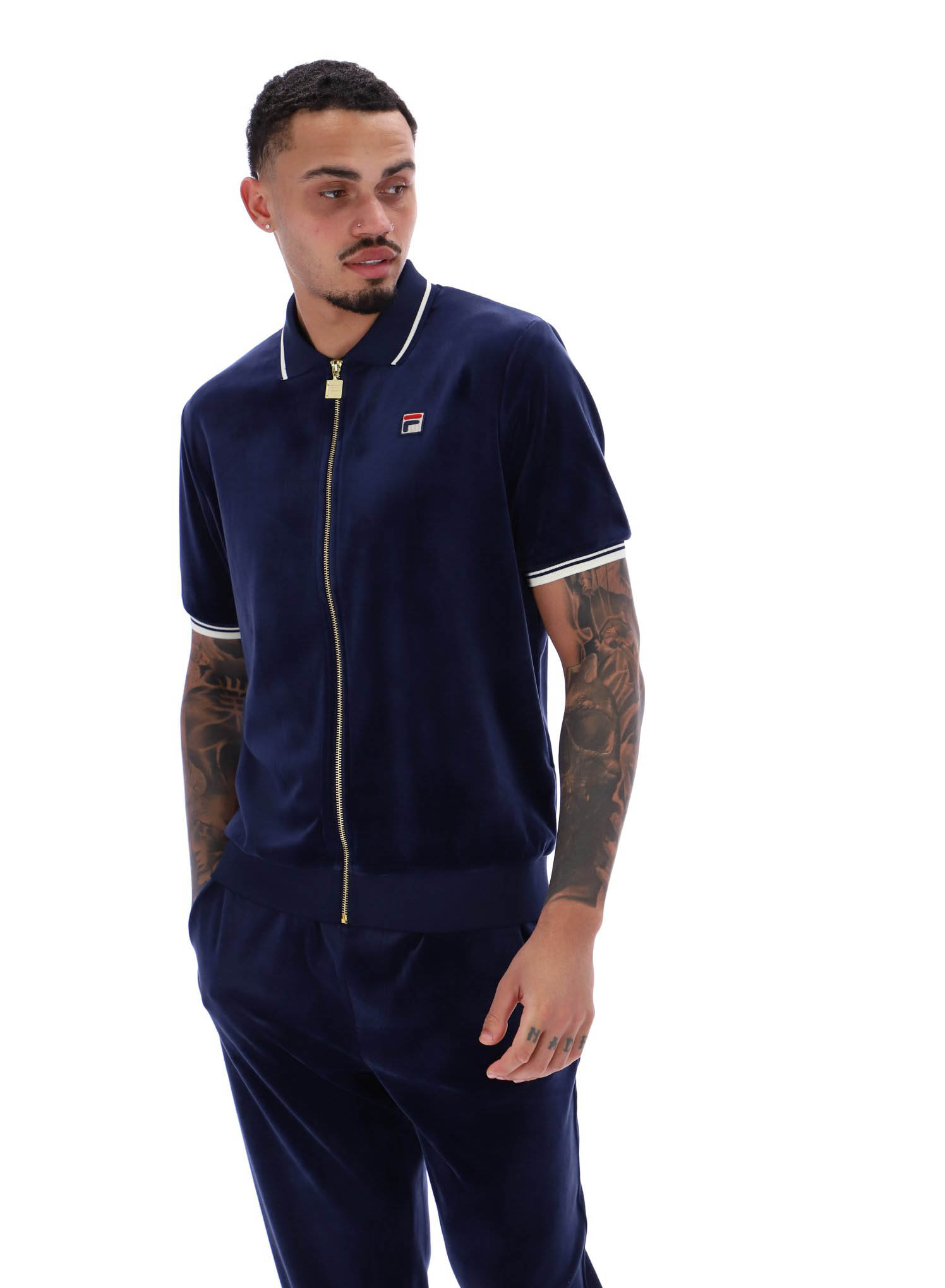 Fila Vintage Polo Shirt Mens Terry Velour FILA Full Zip Polo in Navy/Gardenia - Picture 9 of 13