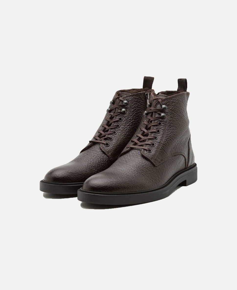 Pre-owned Hugo Boss Mens Boots Caev Grained Leather Boss Footwear In Dark Brown
