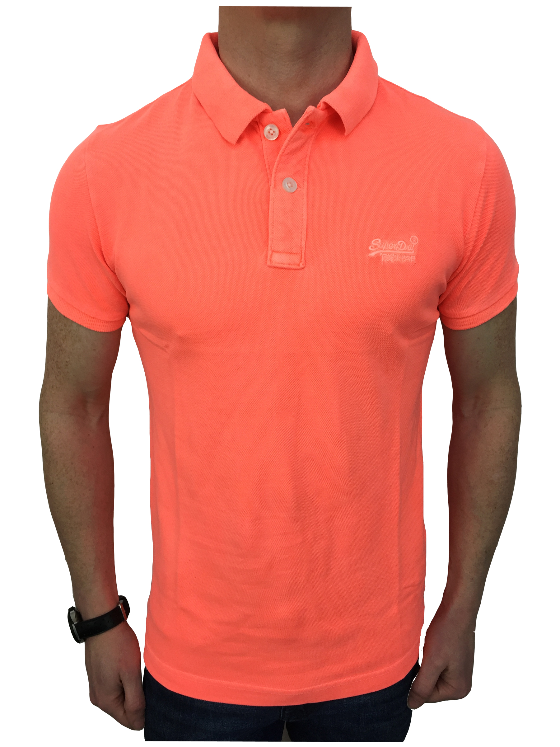 Superdry Mens Vintage Destroyed S/S Pique Polo Shirt in Fluro Coral