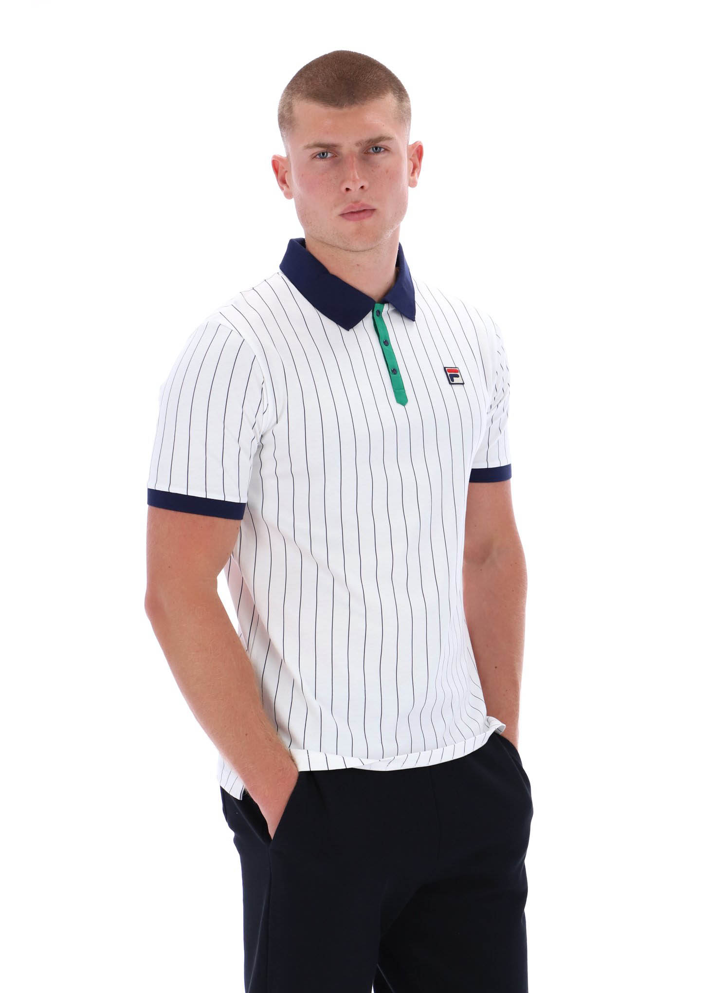 Fila Polo Shirt FILA BB1 Classic Vintage Striped Polo in White/ Green/ FILA Navy - Picture 4 of 9