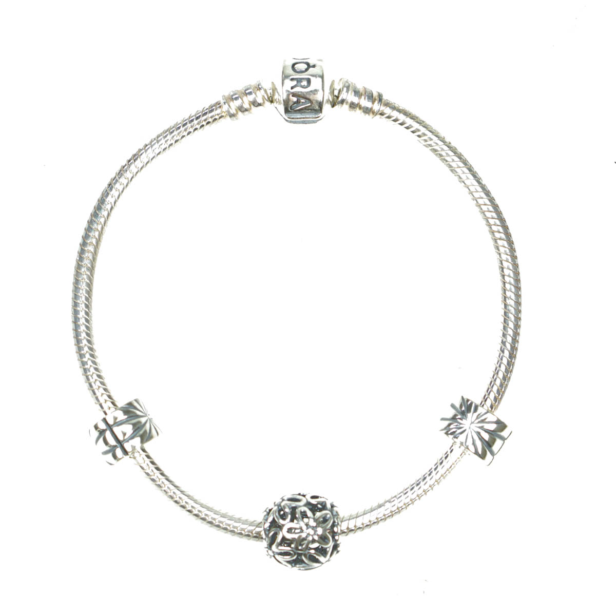 Pandora Sterling Silver Charm Bracelet Openwork Flower & Firework ...