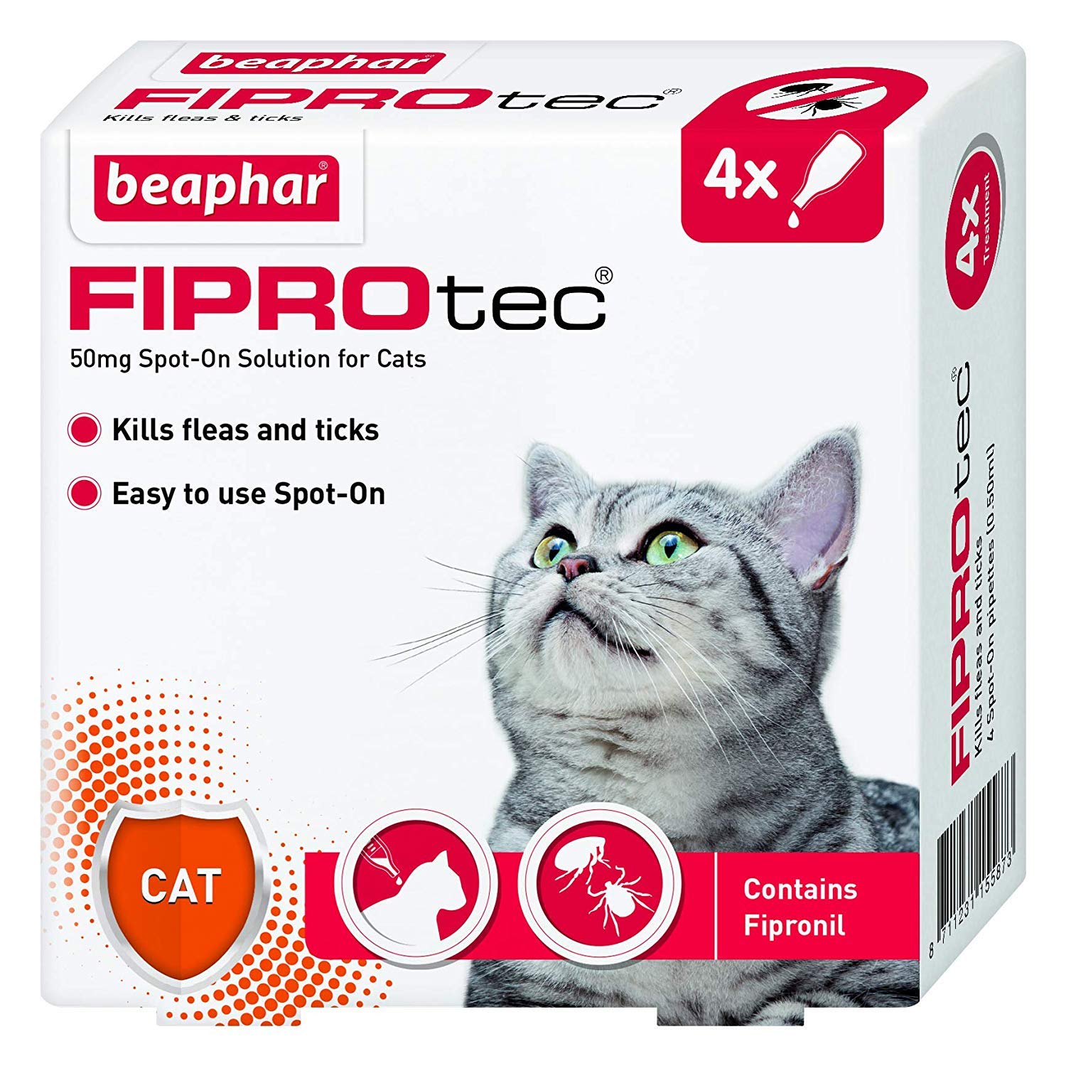 Beaphar Fiprotec 50mg SpotOn For Cats 4 Teatments Kills Fleas Ticks