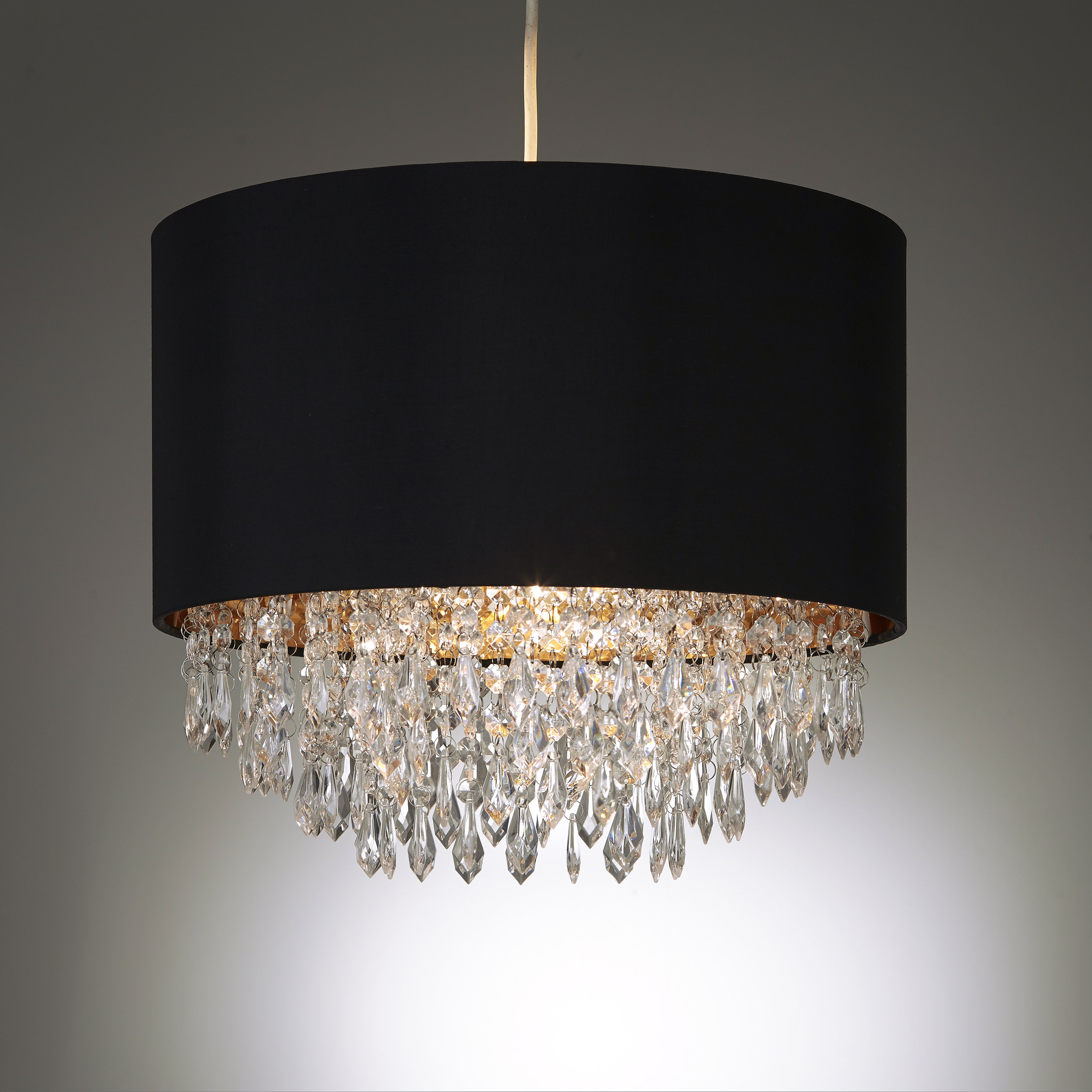 Black and Gold Ceiling Drum Shade Clear Beaded Droplet Chandelier ...
