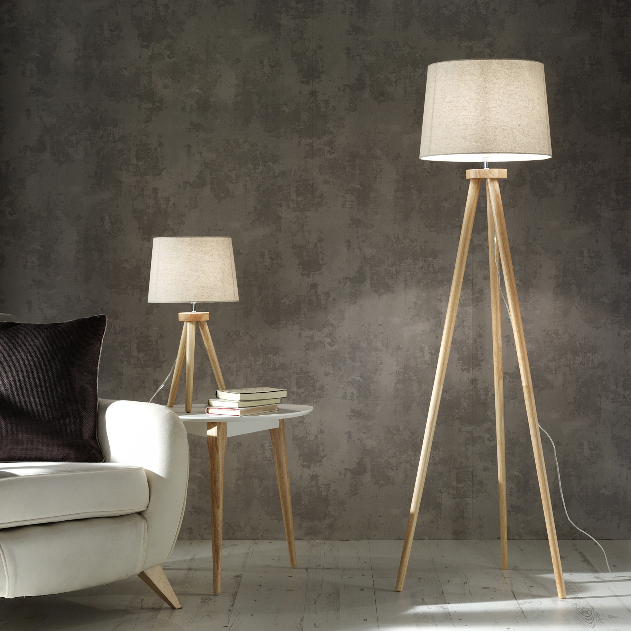 Chadwick Tripod Table and Floor Lamp in a Natural Wood Colour With Lamp